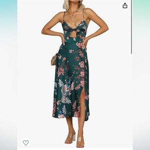 Green floral satin midi dress